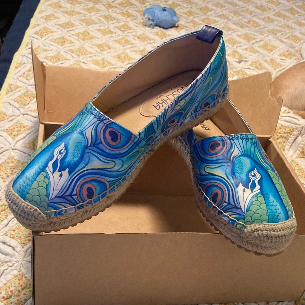 Anuschka Vibrant Blue Espadrilles with Peacock Design